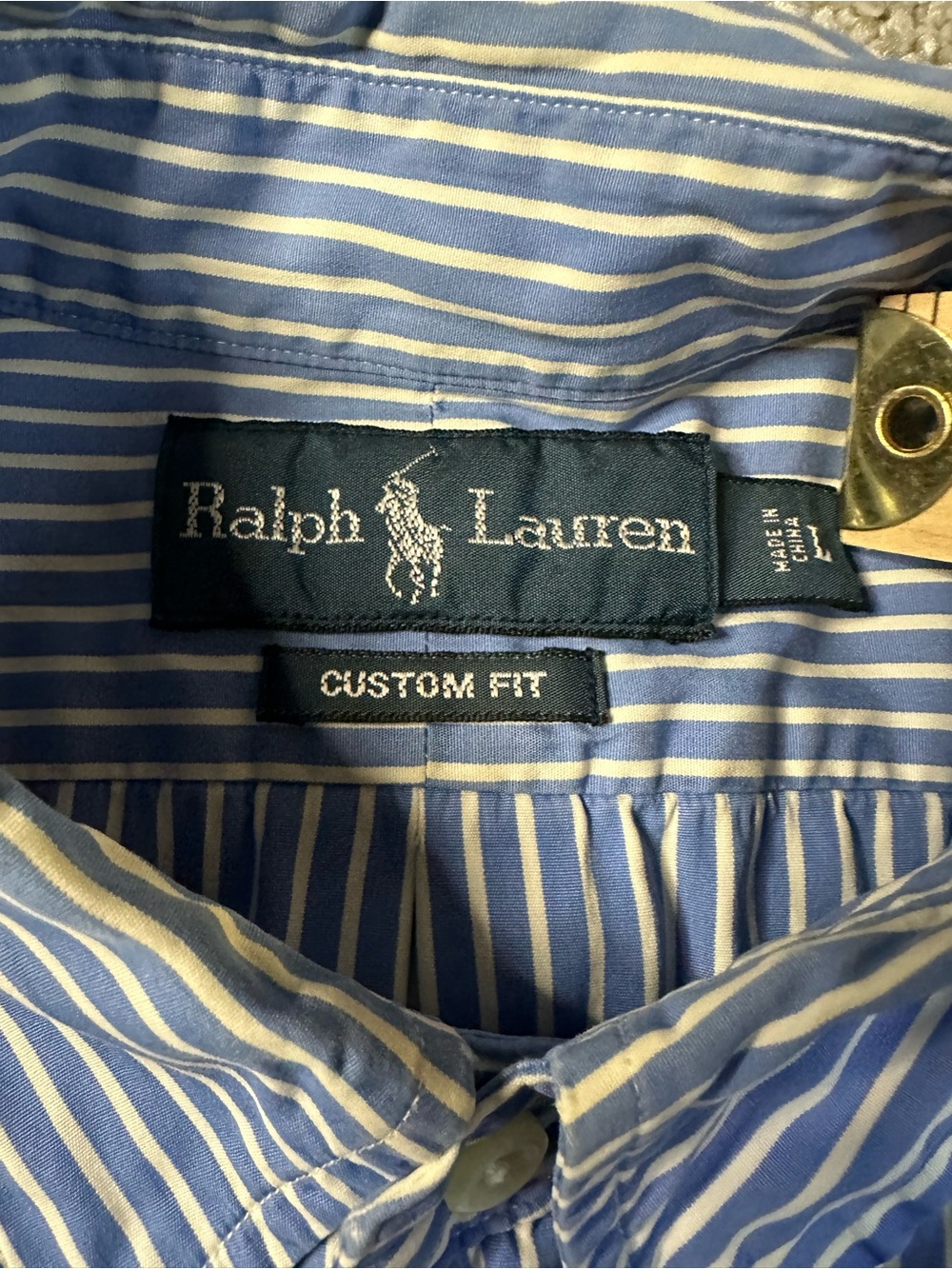 Polo Ralph Lauren L Custom Fit Blue White Striped Button Down Shirt Yellow Pony